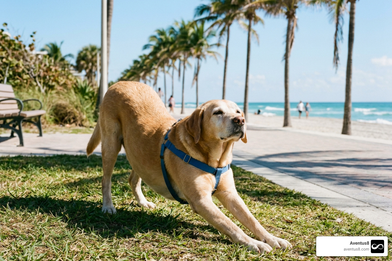 Senior dog stretching on a sunny day in Hollywood, FL