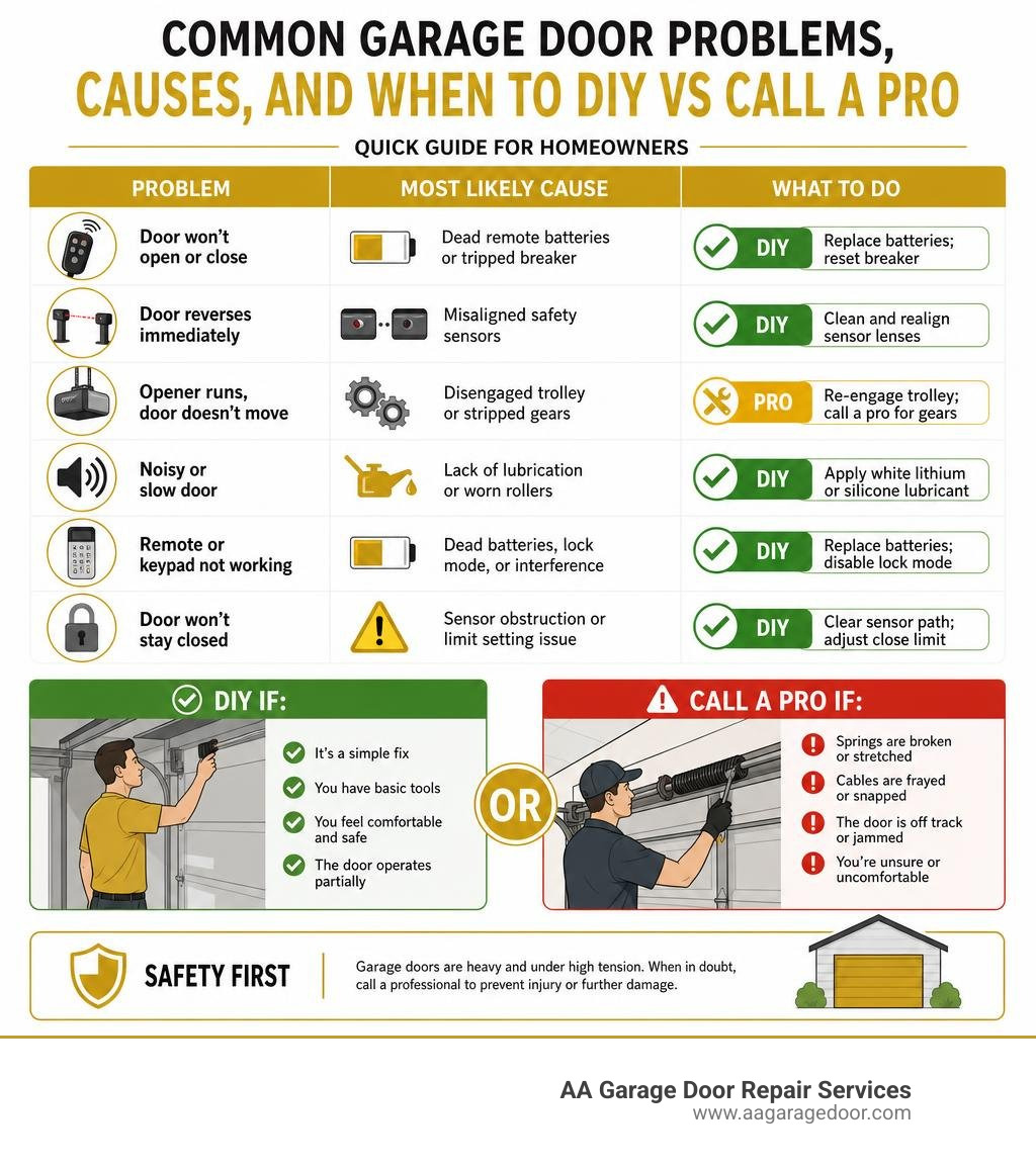 Common garage door problems, causes, and when to DIY vs call a pro infographic infographic