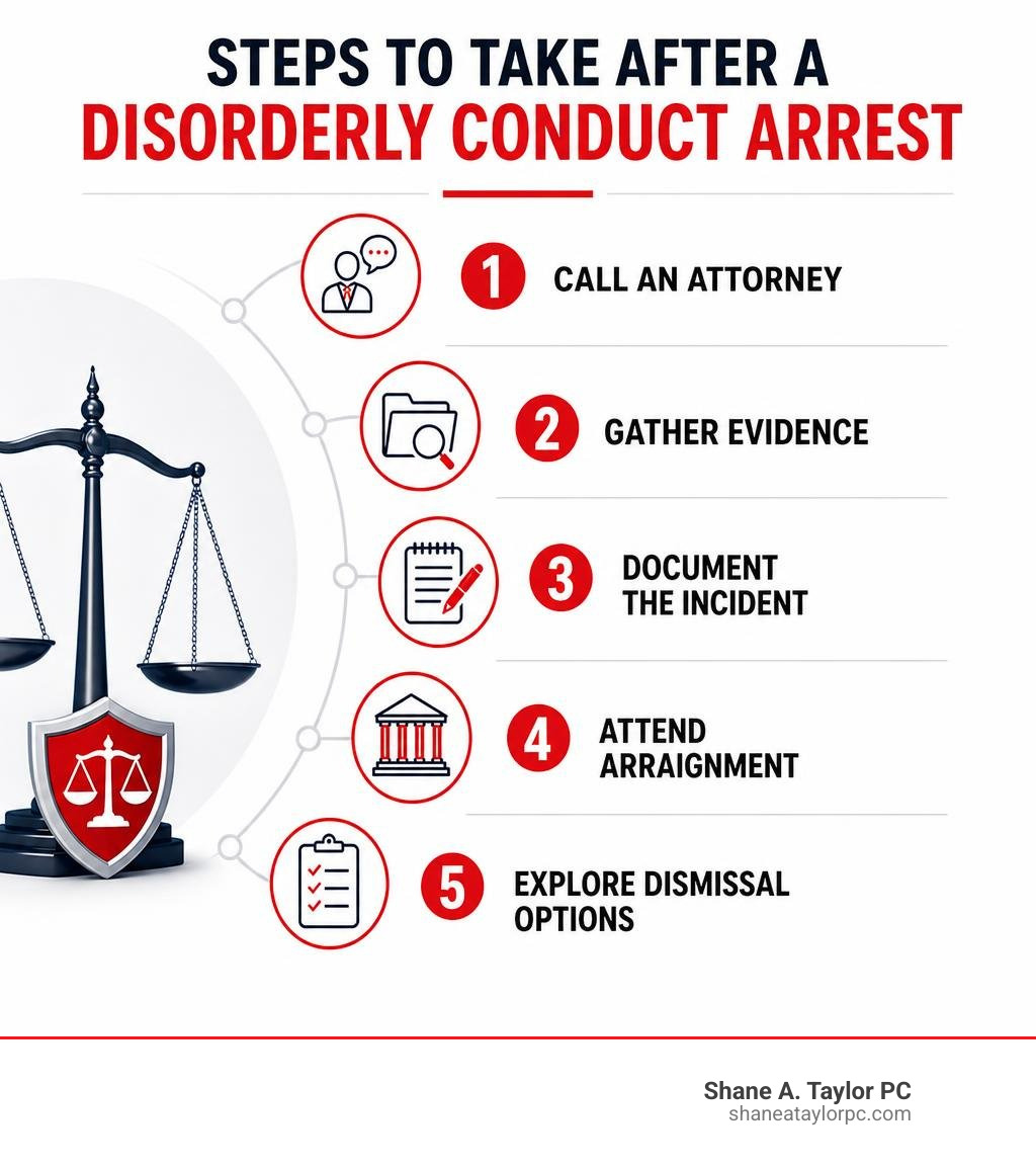 Steps to take after a disorderly conduct arrest: call an attorney, gather evidence, document the incident, attend Steps to take after a disorderly conduct arrest: call an attorney, gather evidence, document the incident, attend