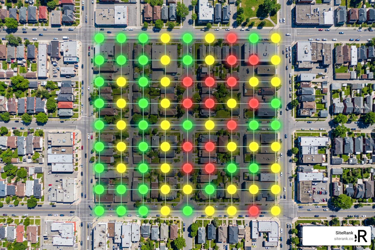 Colorful 7x7 geo-grid ranking report visualizing local visibility Colorful 7x7 geo-grid ranking report visualizing local visibility