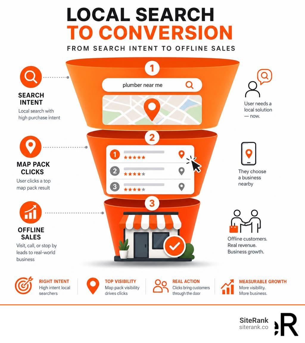 Local search to conversion funnel showing search intent, map pack clicks, and offline sales infographic Local search to conversion funnel showing search intent, map pack clicks, and offline sales infographic