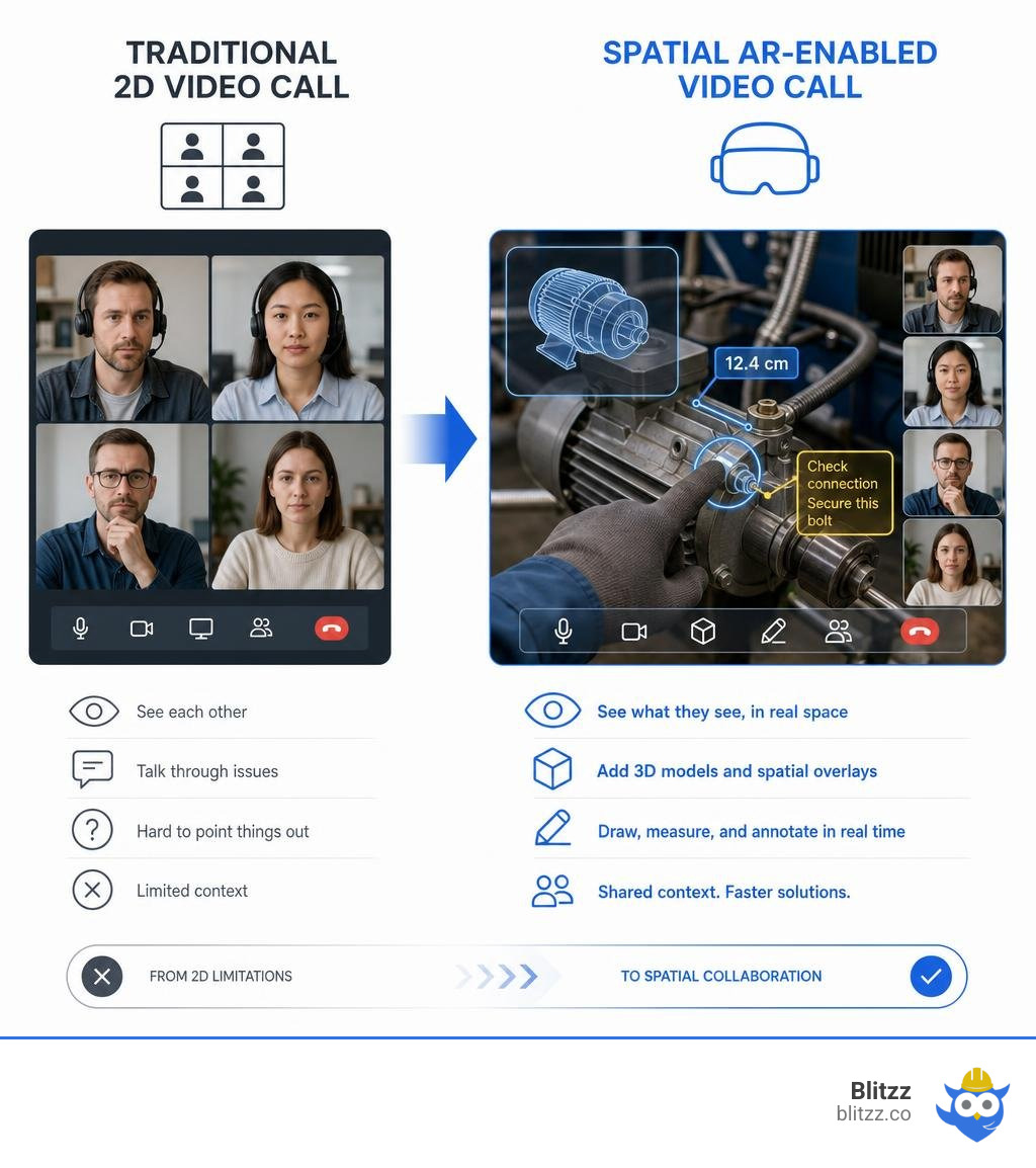 Infographic showing shift from traditional 2D video grid to spatial AR-enabled video call with overlays infographic
