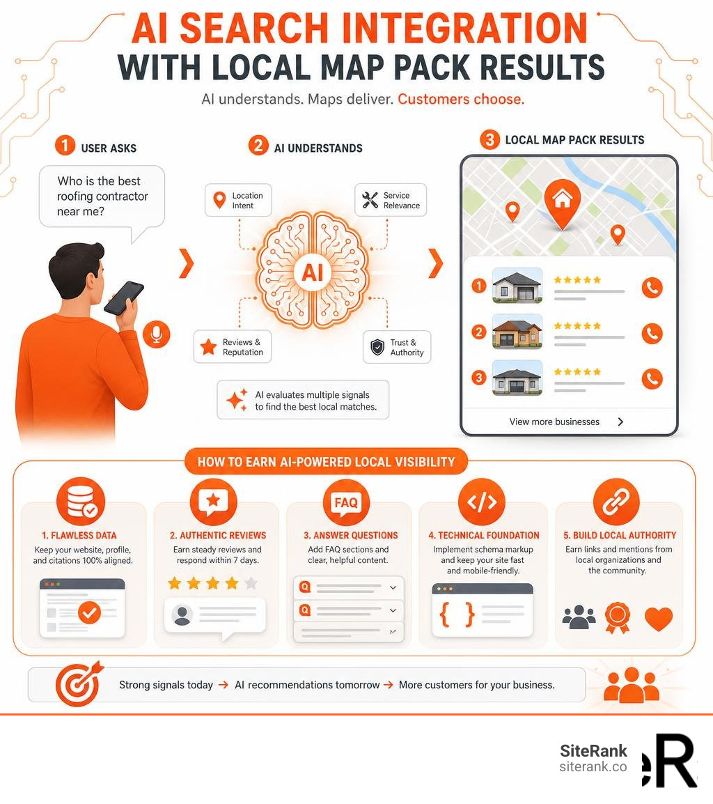 AI search integration with local map pack results infographic AI search integration with local map pack results infographic