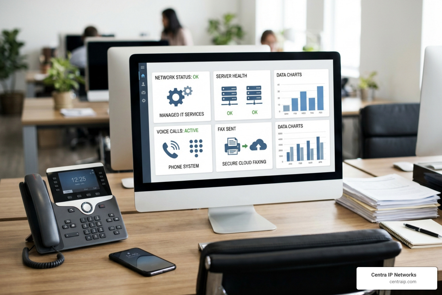 Unified business communications dashboard showing managed IT, phone systems, and secure cloud faxing integration Unified business communications dashboard showing managed IT, phone systems, and secure cloud faxing integration
