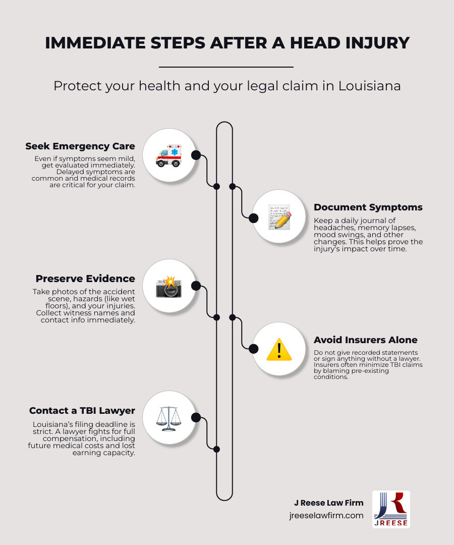 Immediate steps to take after a head injury in Louisiana: seek medical care, document symptoms, preserve evidence, avoid