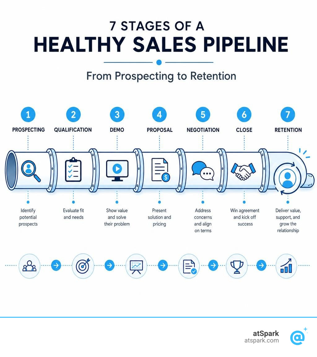 Infographic showing the 7 stages of a healthy sales pipeline from prospecting to retention infographic