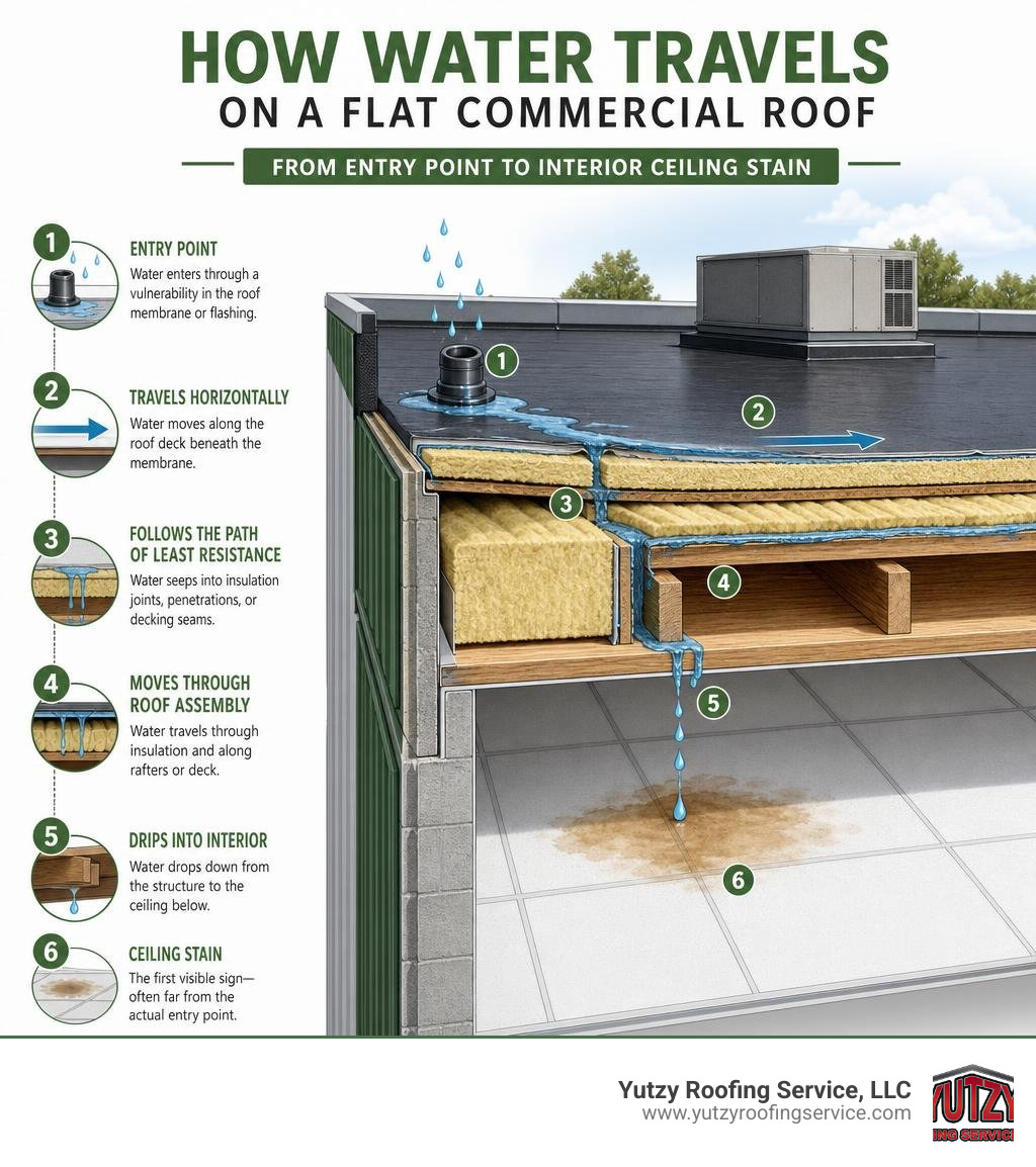 How water travels on a flat commercial roof from entry point to interior ceiling stain infographic How water travels on a flat commercial roof from entry point to interior ceiling stain infographic