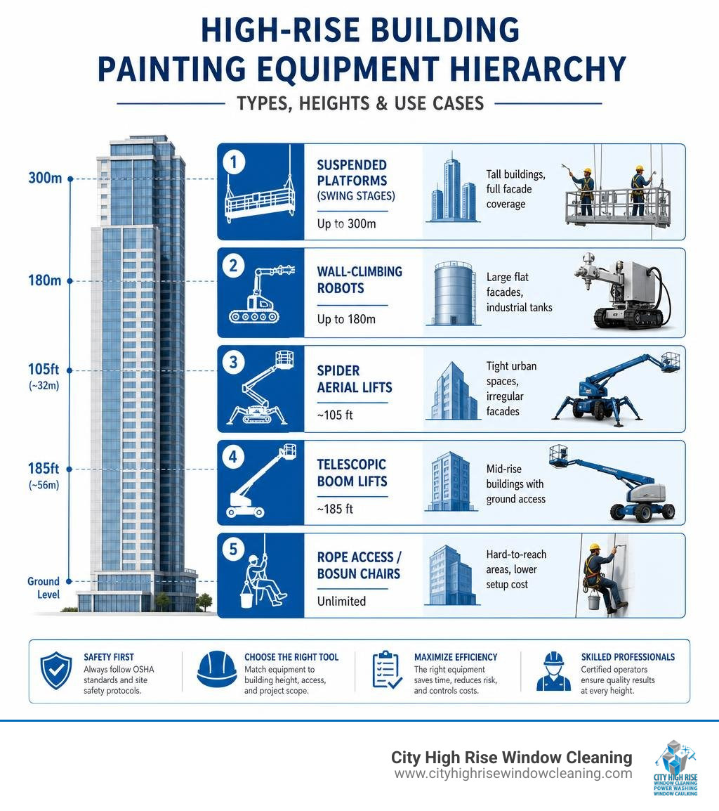 High-rise building painting equipment hierarchy: types, heights, and use cases infographic High-rise building painting equipment hierarchy: types, heights, and use cases infographic
