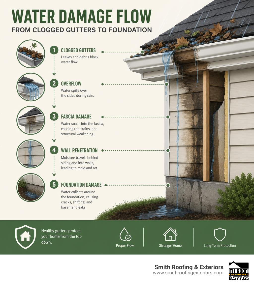 Water damage flow from clogged gutters through fascia to foundation — step-by-step infographic infographic Water damage flow from clogged gutters through fascia to foundation — step-by-step infographic infographic