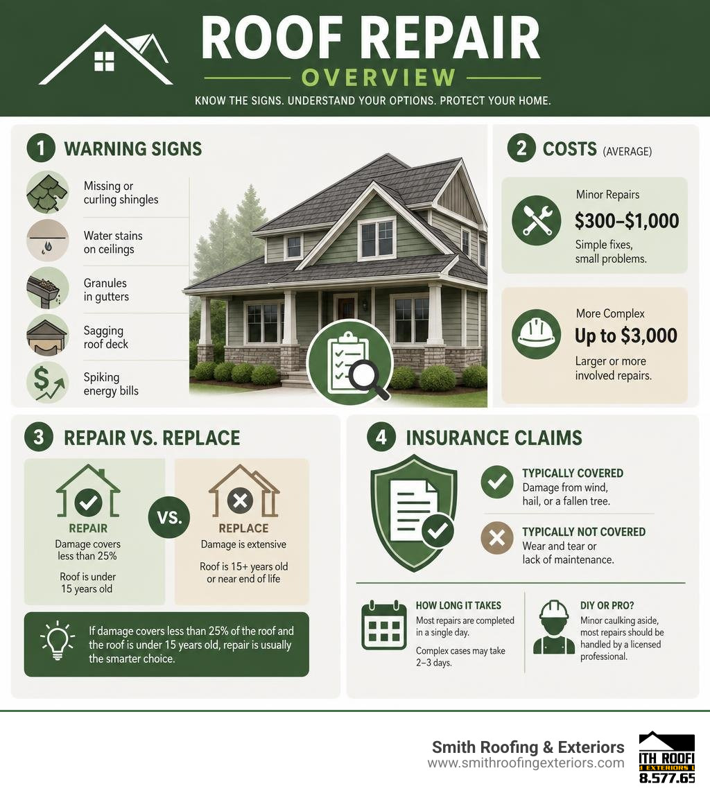Roof repair overview: warning signs, costs, repair vs replace, and insurance claims infographic infographic Roof repair overview: warning signs, costs, repair vs replace, and insurance claims infographic infographic