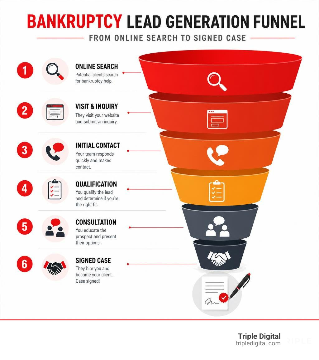 Bankruptcy lead generation funnel from online search to signed case infographic