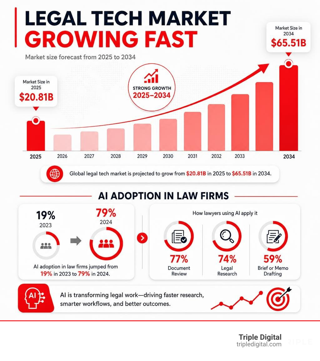 Growth of legal tech market from $20.81B in 2025 to $65.51B in 2034 with AI adoption rates infographic Growth of legal tech market from $20.81B in 2025 to $65.51B in 2034 with AI adoption rates infographic