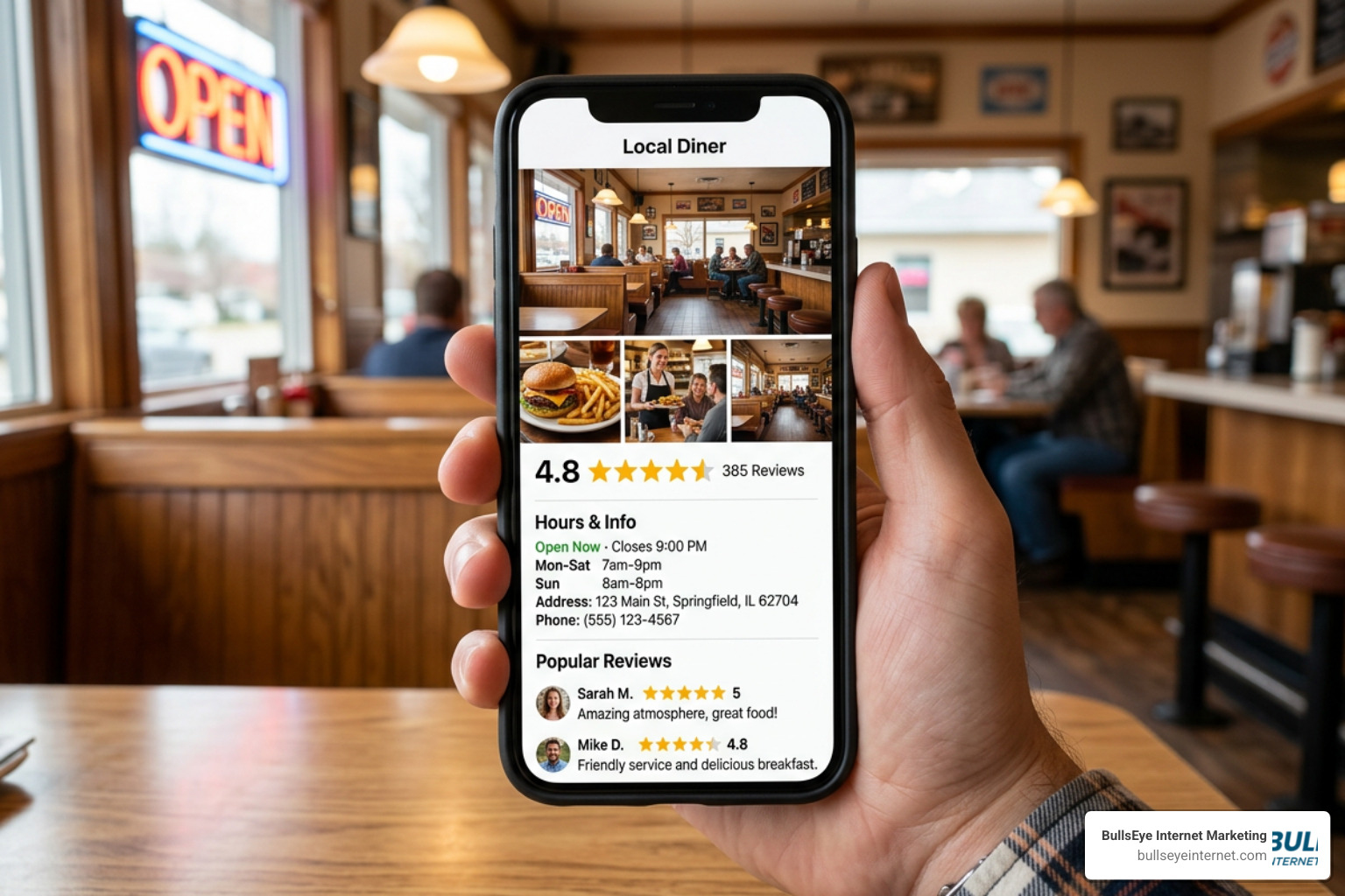 An optimized local business profile showing high-quality photos, positive reviews, and complete details An optimized local business profile showing high-quality photos, positive reviews, and complete details