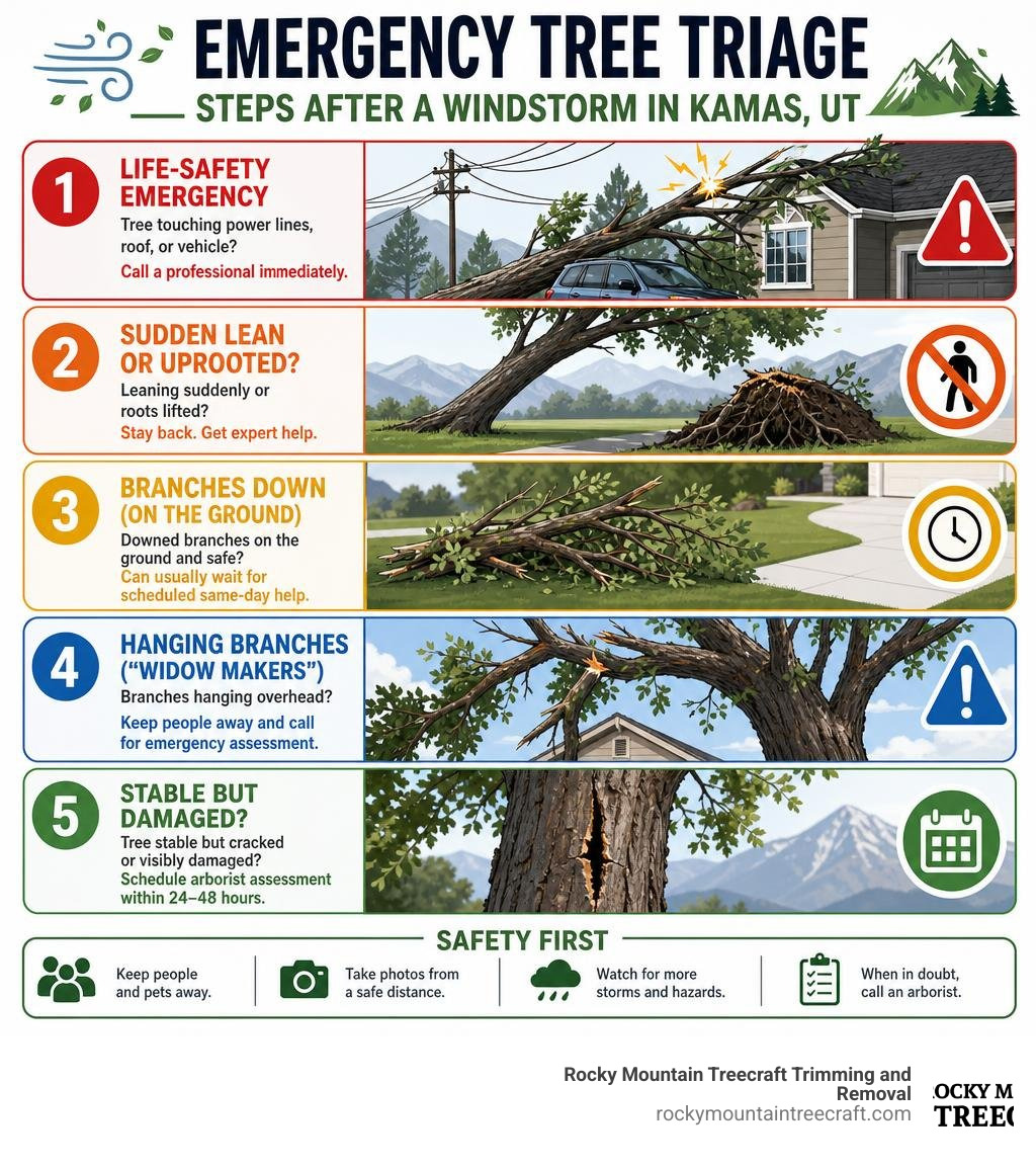 Emergency tree triage steps after a windstorm in Kamas UT infographic