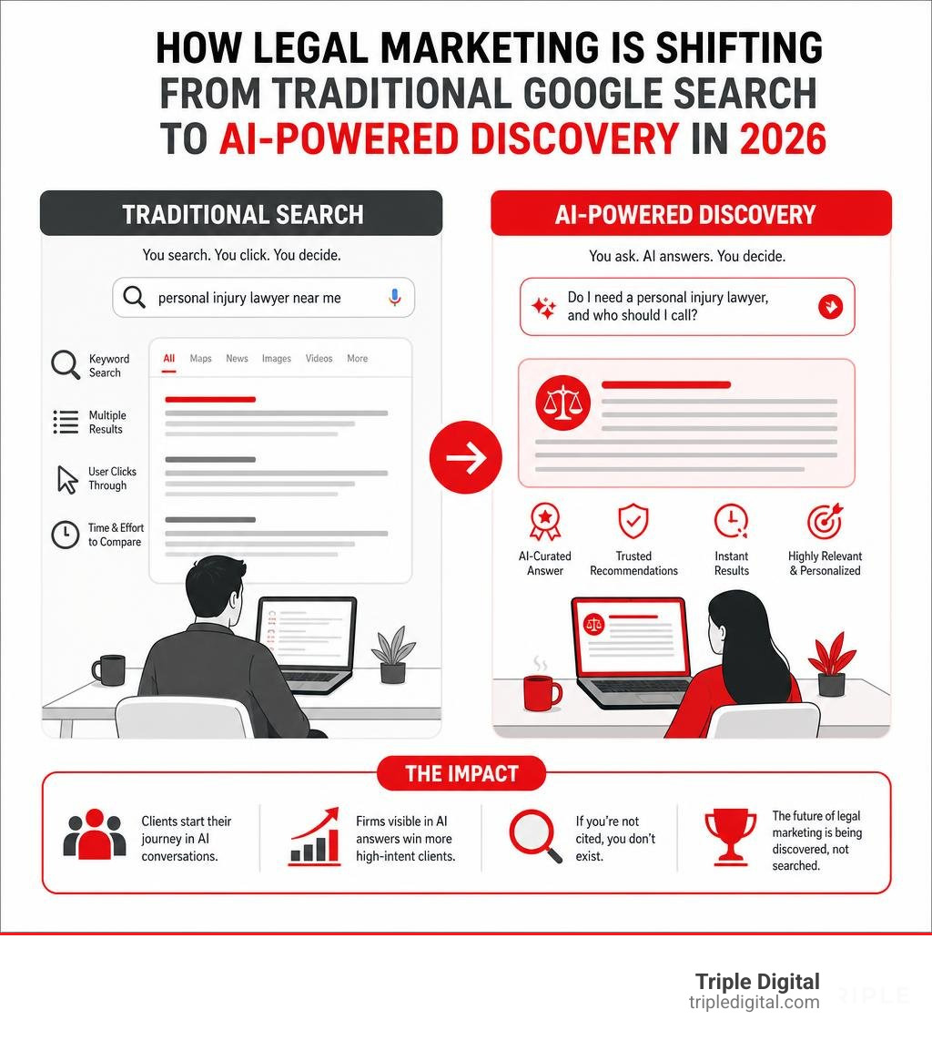 How legal marketing is shifting from traditional Google search to AI-powered discovery in 2026 infographic How legal marketing is shifting from traditional Google search to AI-powered discovery in 2026 infographic