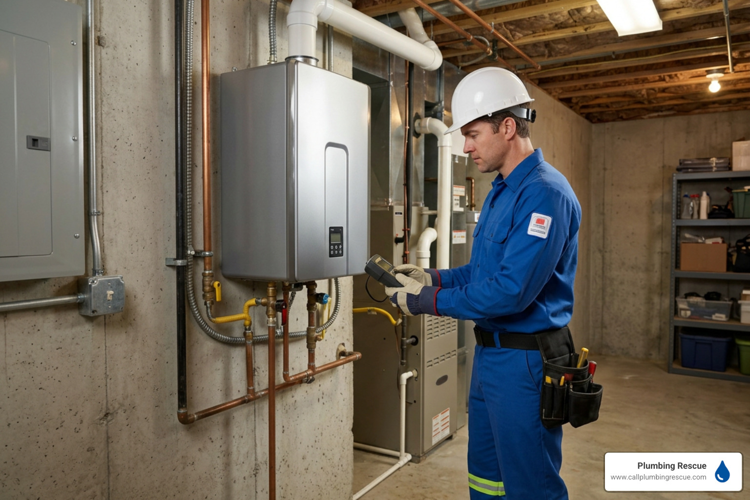 A professional licensed technician inspecting a water heater unit A professional licensed technician inspecting a water heater unit
