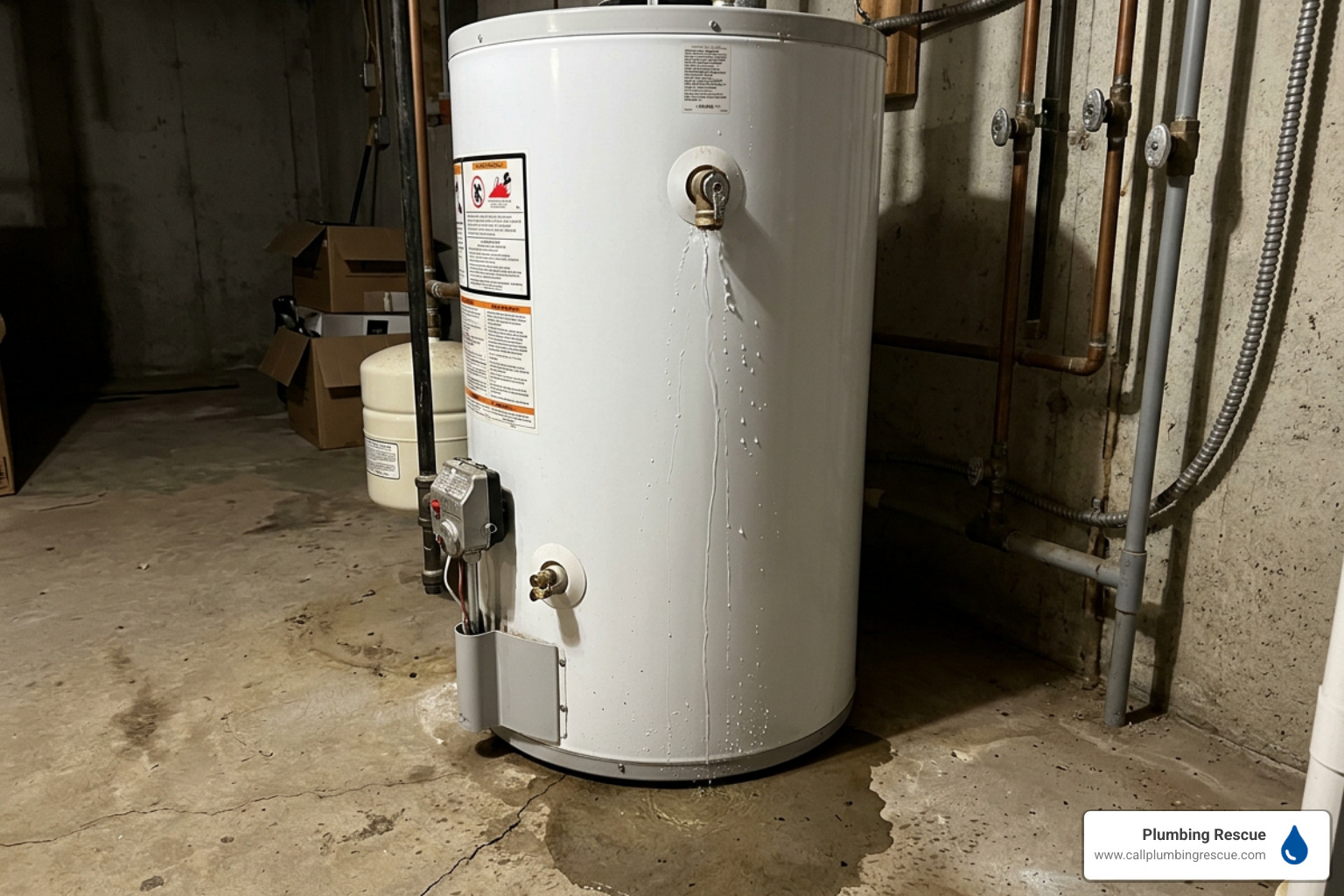 A leaking traditional water heater tank showing water pooling at the base A leaking traditional water heater tank showing water pooling at the base