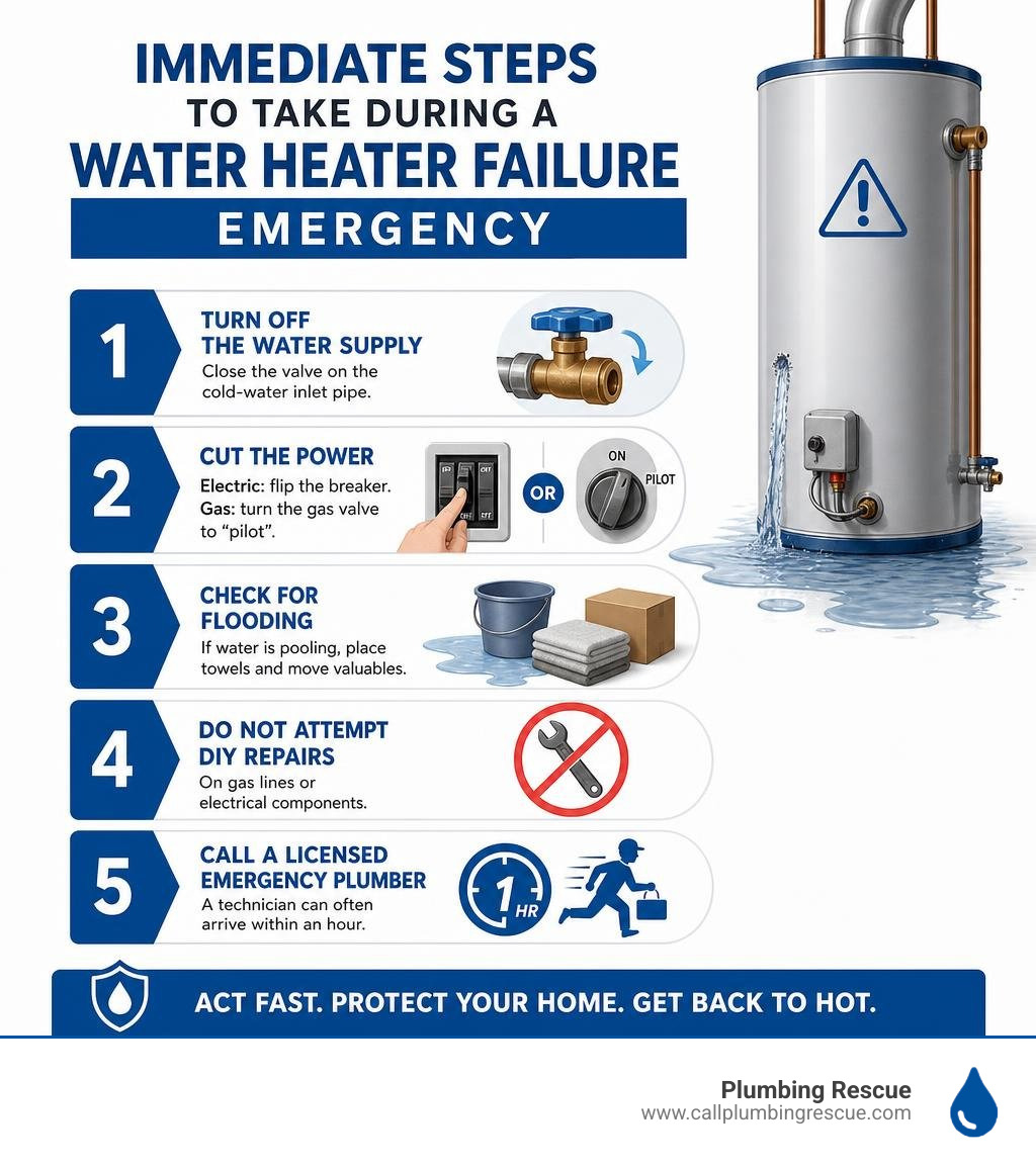 Immediate steps to take during a water heater failure emergency infographic Immediate steps to take during a water heater failure emergency infographic