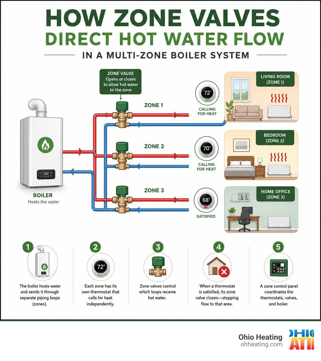 How zone valves direct hot water flow in a multi-zone boiler system infographic How zone valves direct hot water flow in a multi-zone boiler system infographic