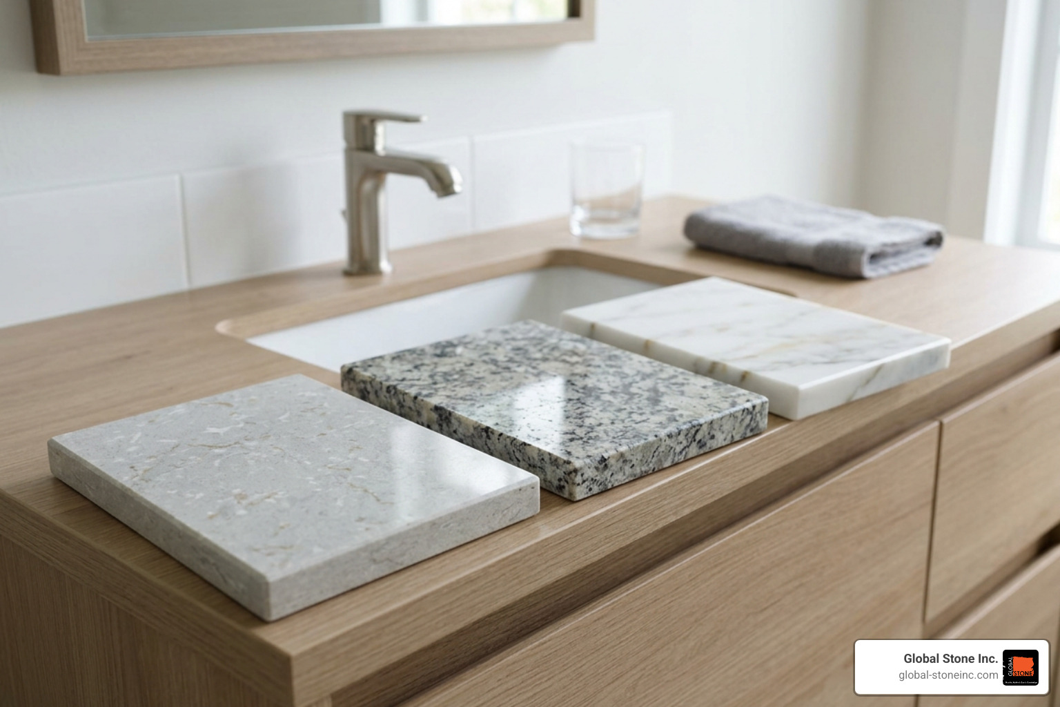 Modern vanity top material comparison showcasing quartz, granite, and marble options