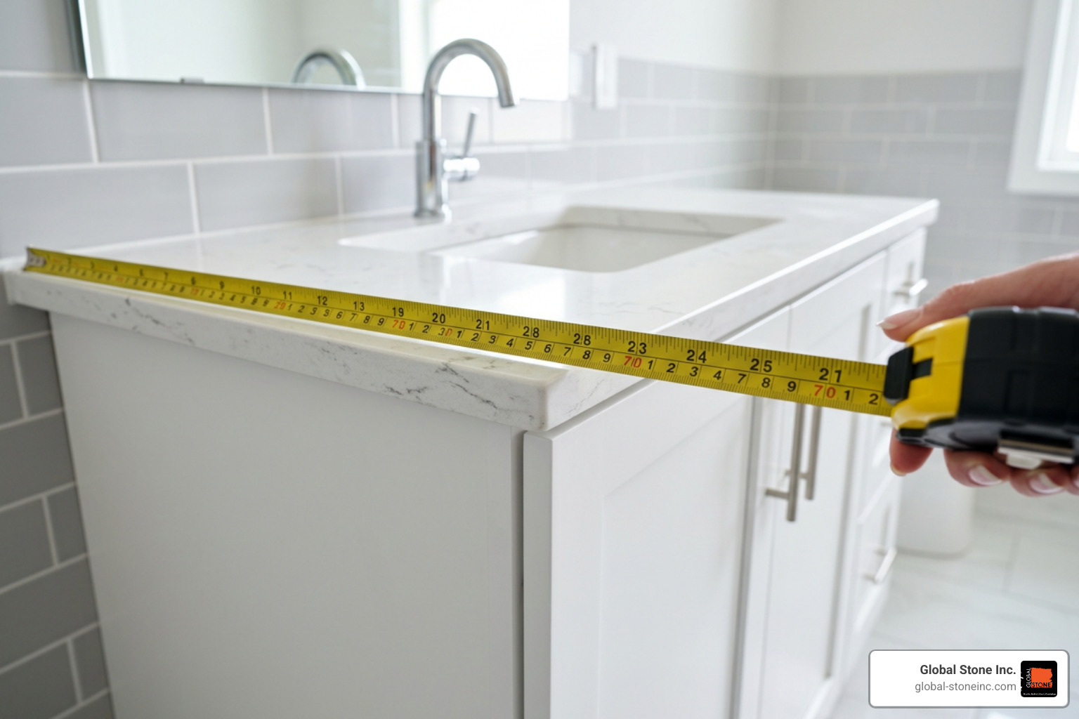 Measuring tape placed carefully on a bathroom vanity cabinet to determine width and depth