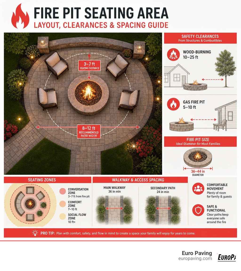 Infographic showing fire pit seating area layout with safety clearances, patio dimensions, seating zones, and walkway