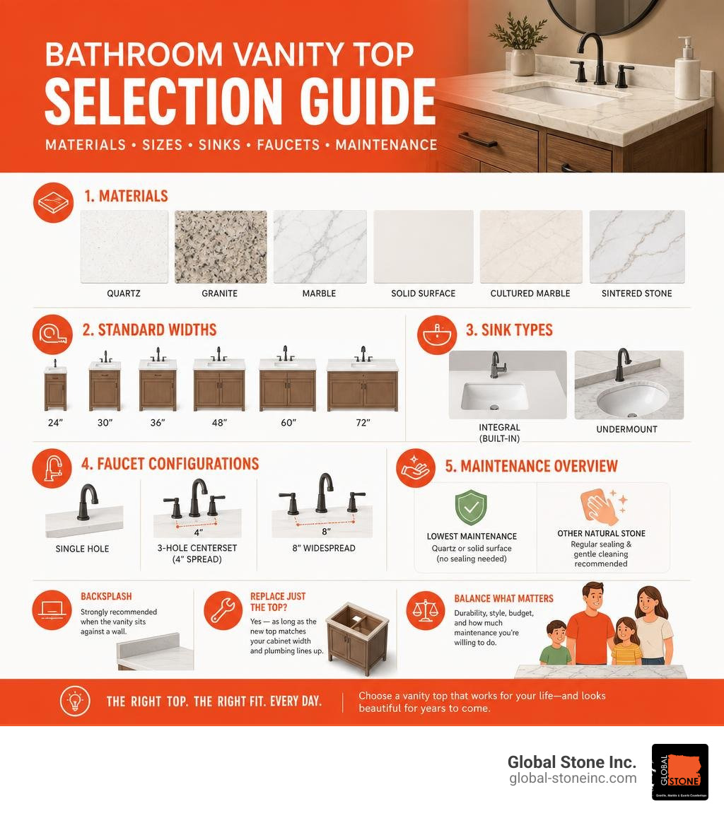 Bathroom vanity top selection guide: materials, sizes, sinks, faucets, and maintenance overview infographic