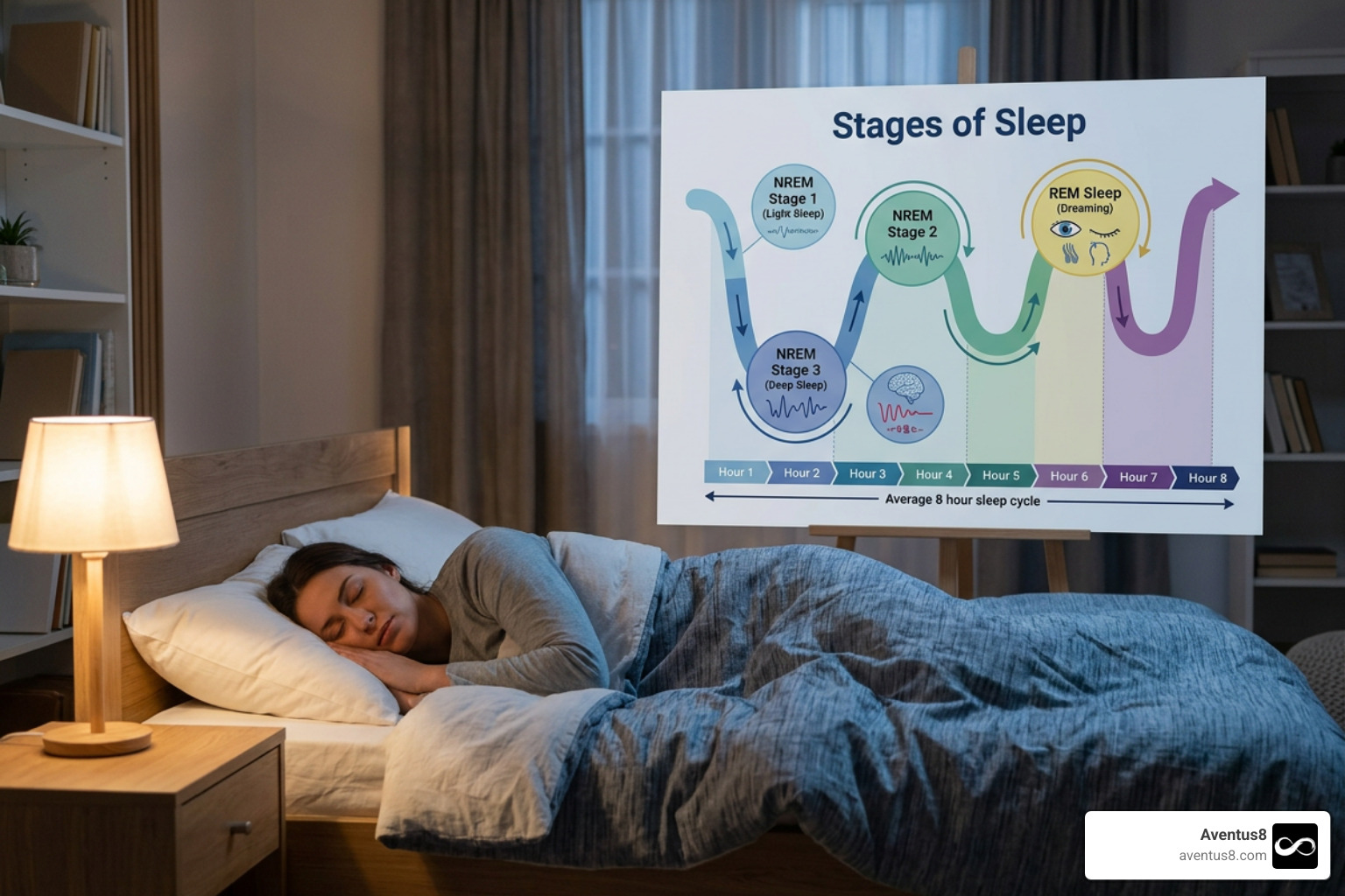 Detailed sleep stages chart showing NREM and REM cycles