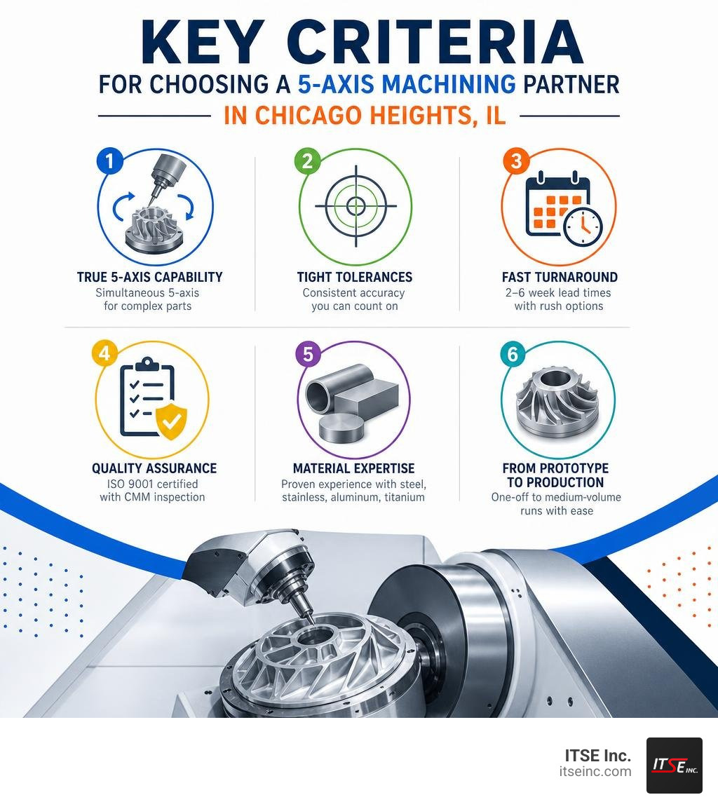 Key criteria for choosing a 5-axis machining partner in Chicago Heights IL infographic Key criteria for choosing a 5-axis machining partner in Chicago Heights IL infographic