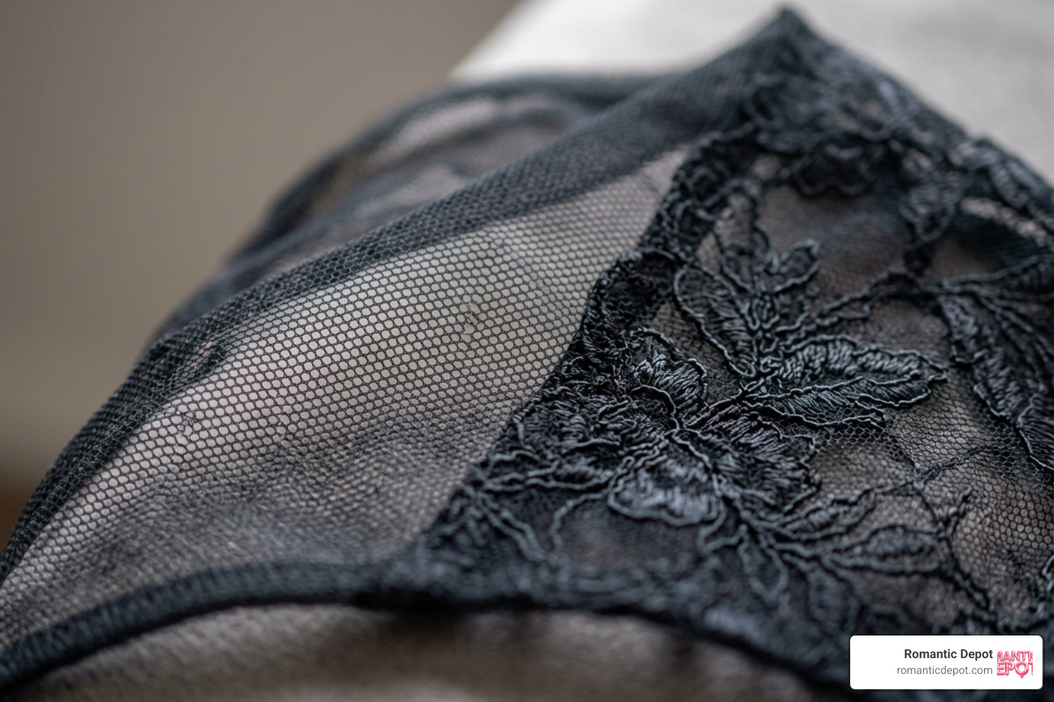 Close-up of premium sheer mesh and lace men's underwear fabrics showing texture Close-up of premium sheer mesh and lace men's underwear fabrics showing texture