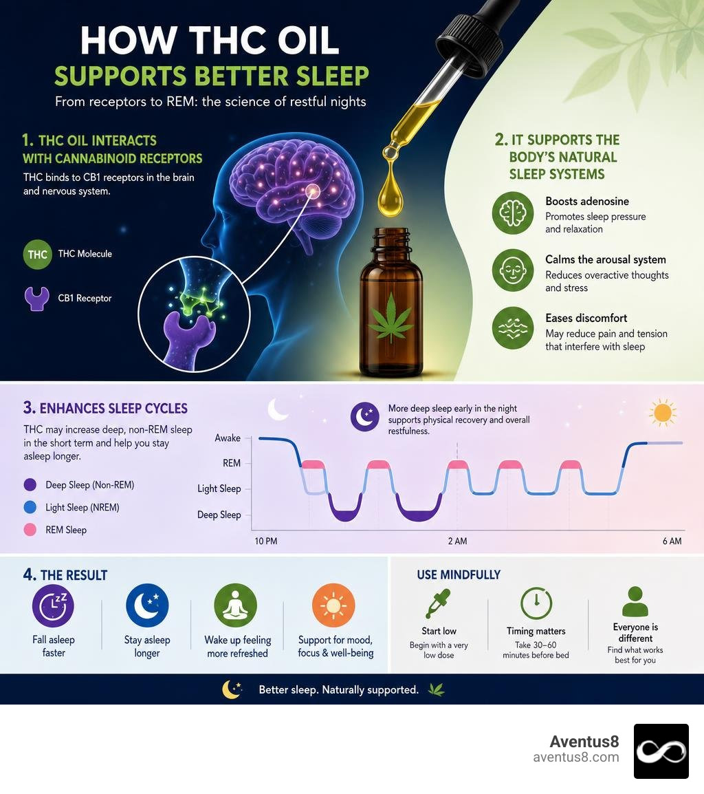 How THC oil interacts with sleep cycles and cannabinoid receptors in the body infographic