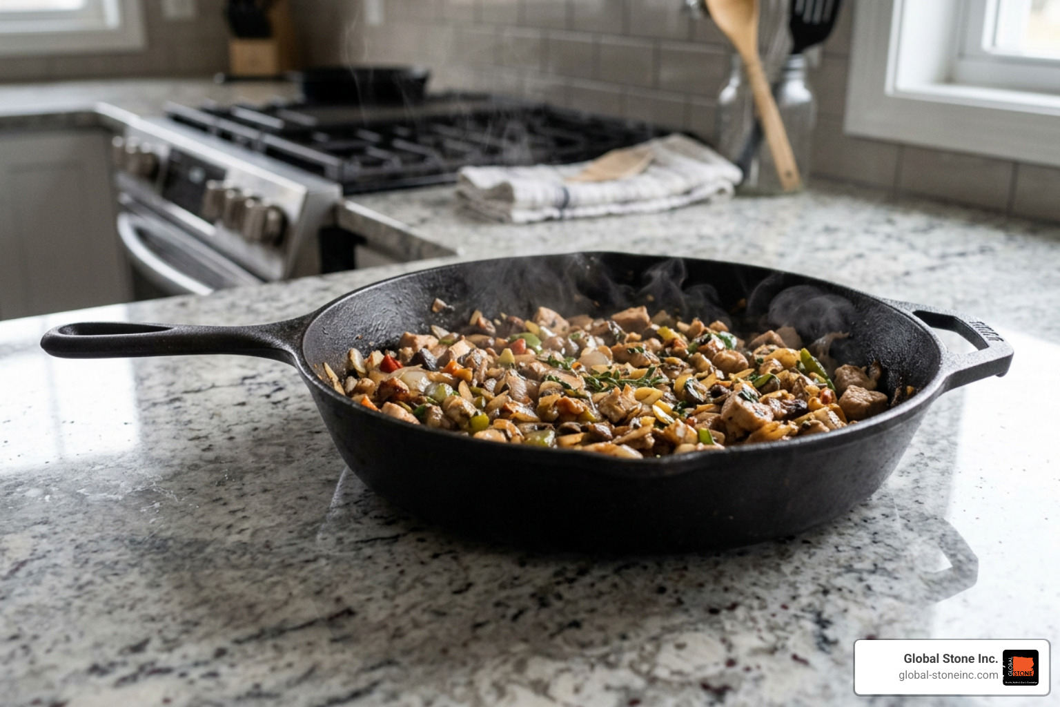 hot pan on kitchen countertop showing thermal resistance hot pan on kitchen countertop showing thermal resistance