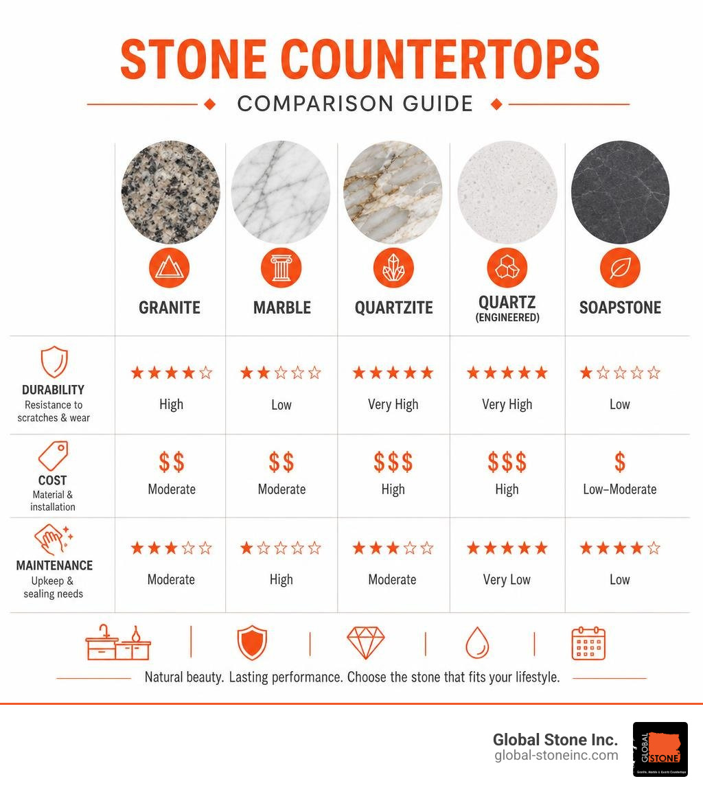 Stone countertop types comparison infographic: granite, marble, quartzite, quartz, soapstone with durability, cost, and