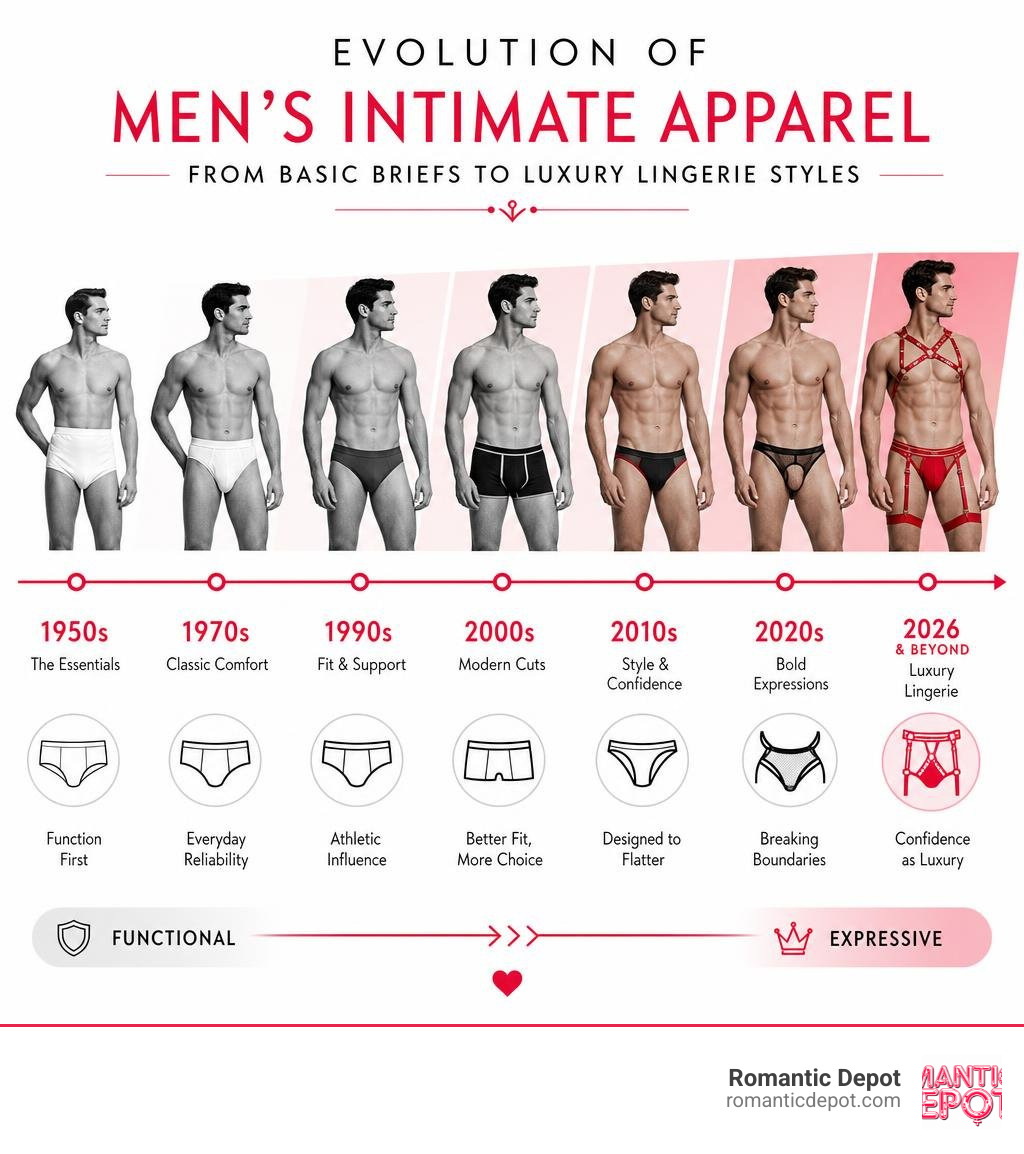 Evolution of men's intimate apparel from basic briefs to luxury lingerie styles timeline infographic infographic Evolution of men's intimate apparel from basic briefs to luxury lingerie styles timeline infographic infographic