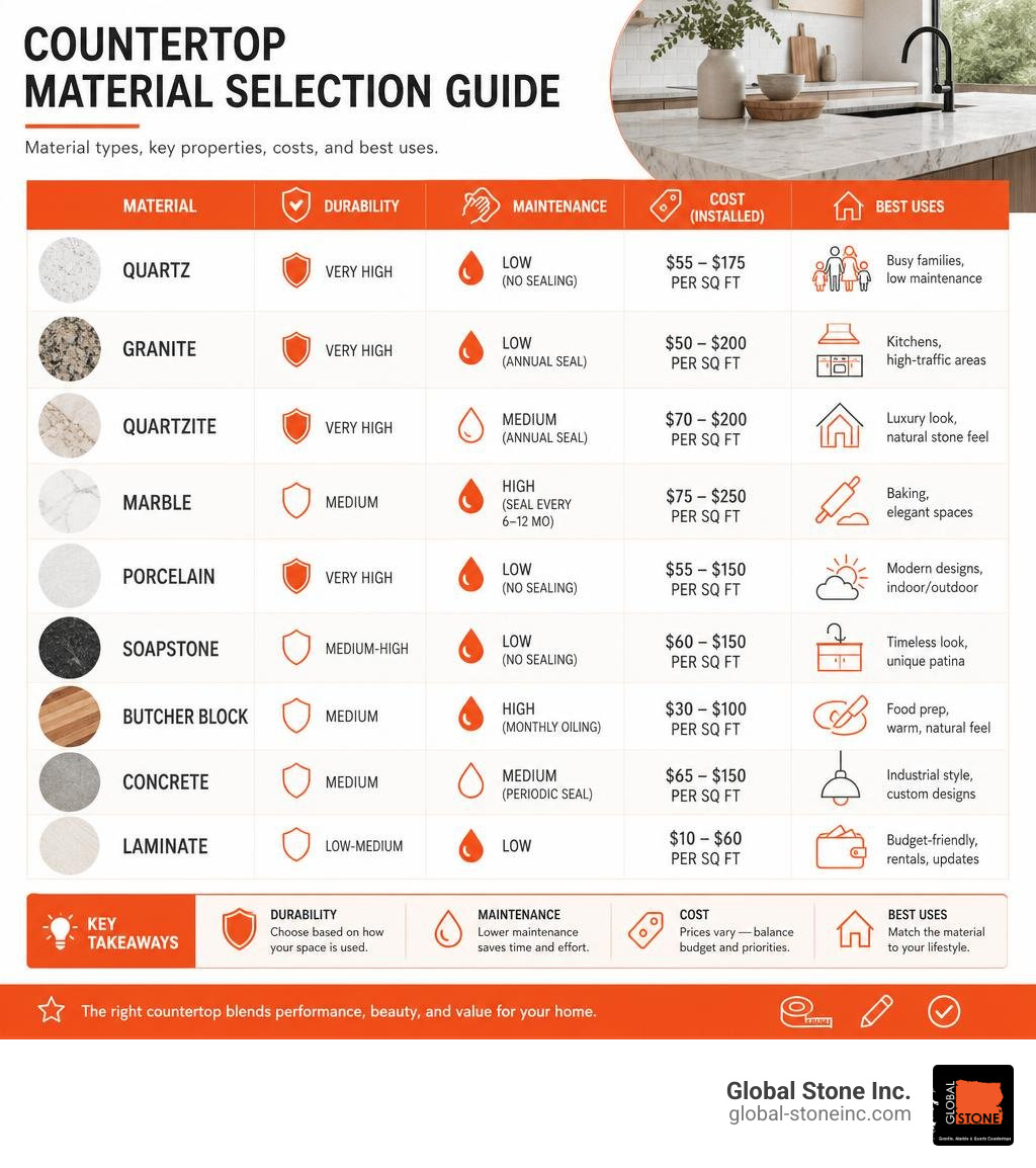 Countertop material selection guide: material types, key properties, costs, and best uses infographic Countertop material selection guide: material types, key properties, costs, and best uses infographic