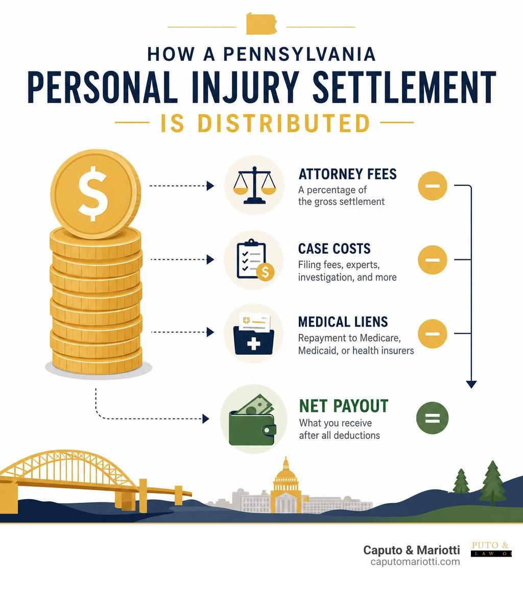 Infographic showing how a Pennsylvania personal injury settlement is distributed: gross amount, attorney fees, case costs Infographic showing how a Pennsylvania personal injury settlement is distributed: gross amount, attorney fees, case costs