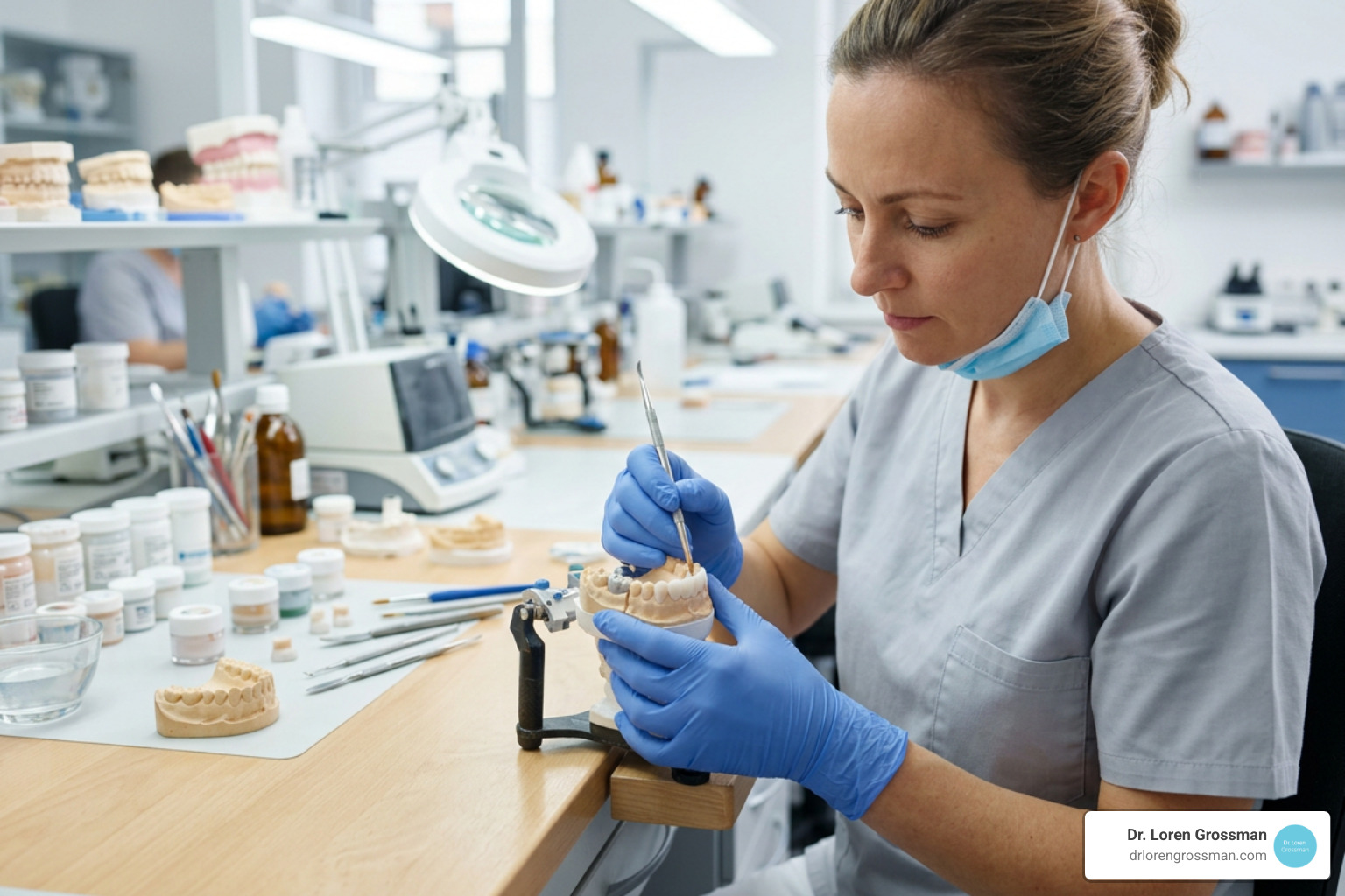 Dental professional preparing a porcelain veneer