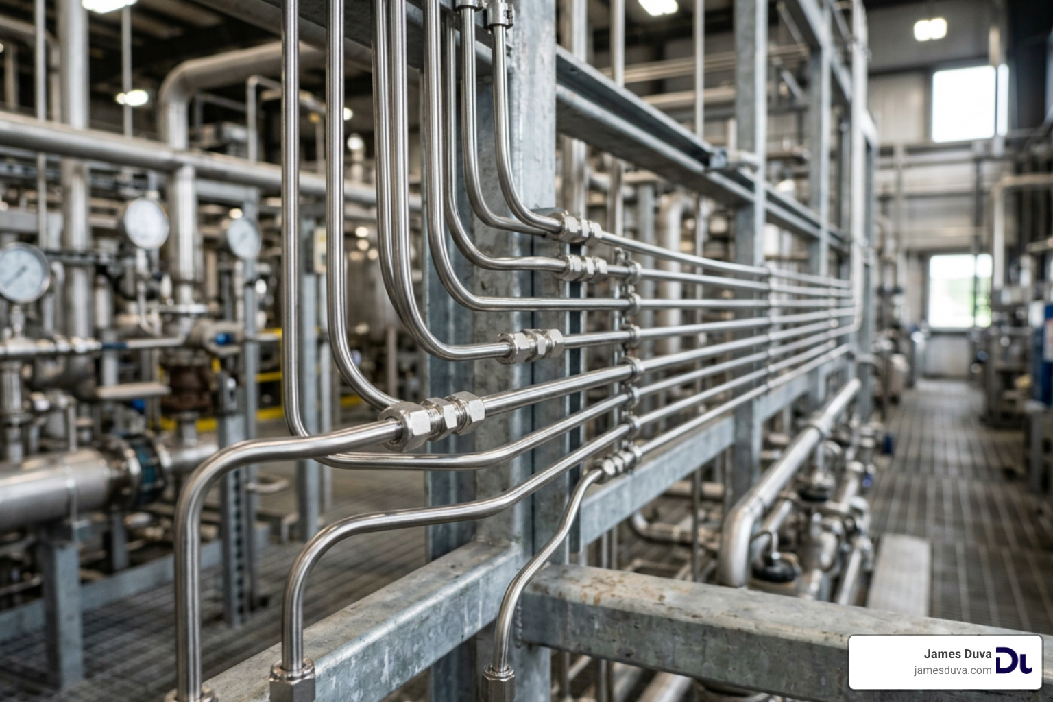 High-precision stainless steel instrumentation tubing lines running through a process plant