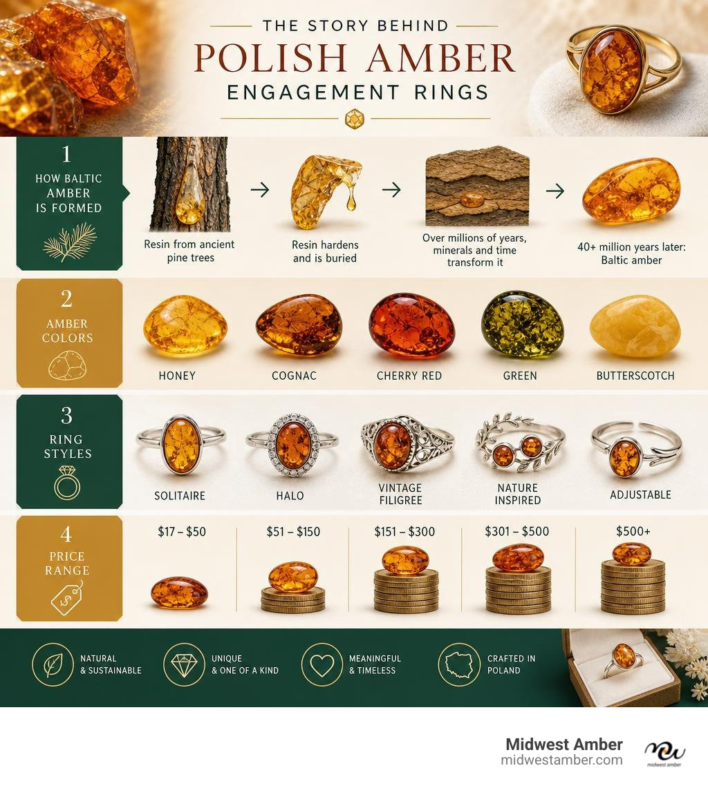 Infographic showing Baltic amber formation, colors, ring styles, and price ranges for Polish amber engagement rings
