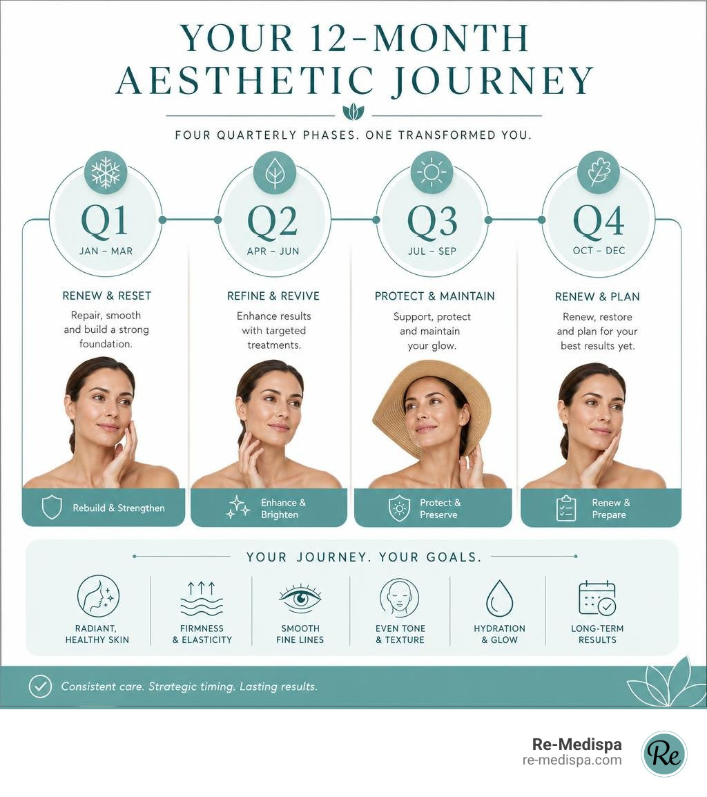 12-month aesthetic journey showing quarterly treatment phases and goals infographic 12-month aesthetic journey showing quarterly treatment phases and goals infographic