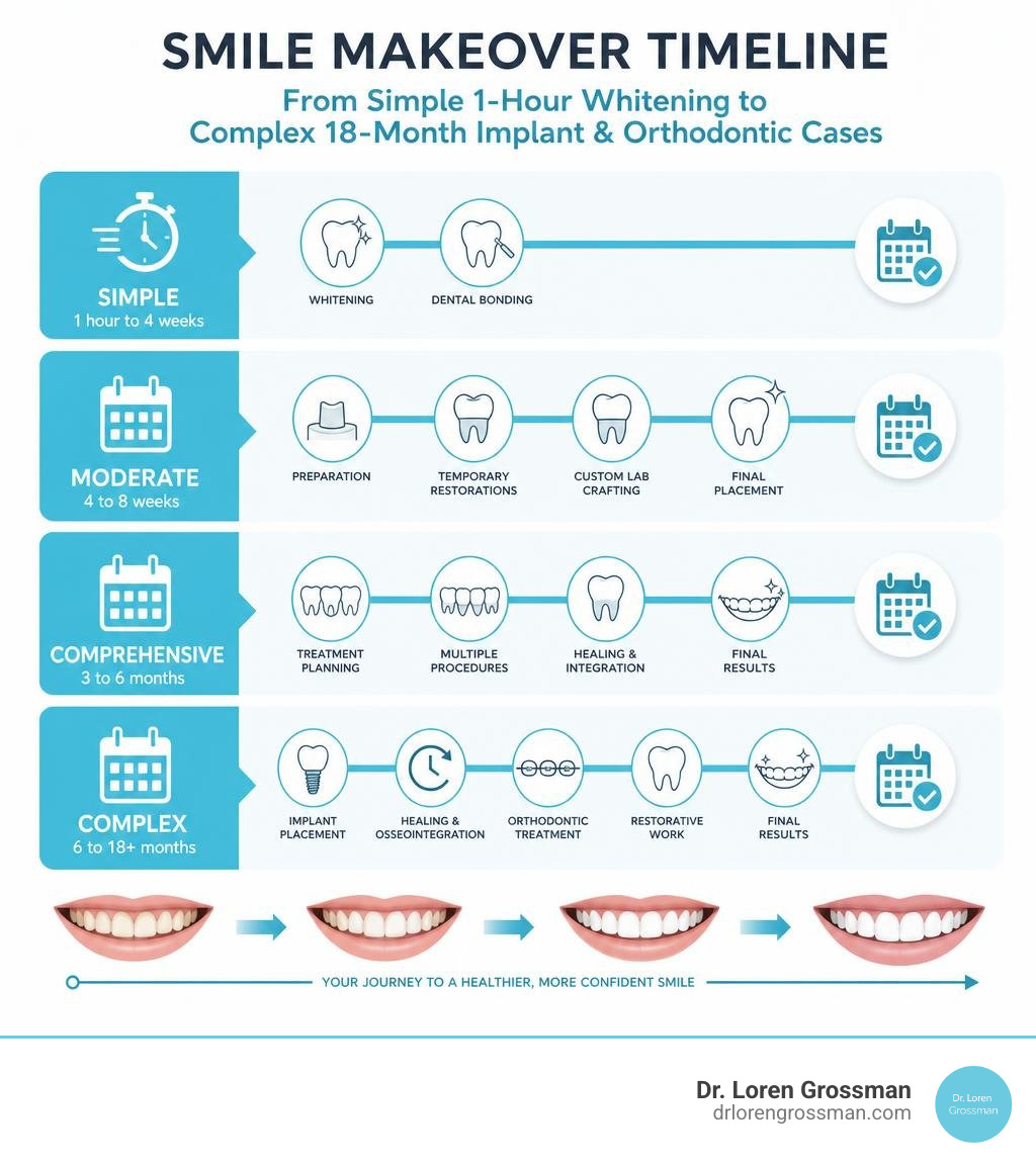 Smile makeover timeline infographic from simple 1-hour whitening to complex 18-month implant and orthodontic cases