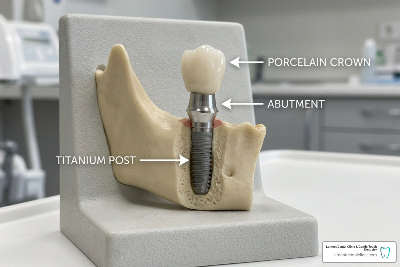 dental implant model showing titanium post, abutment, and porcelain crown