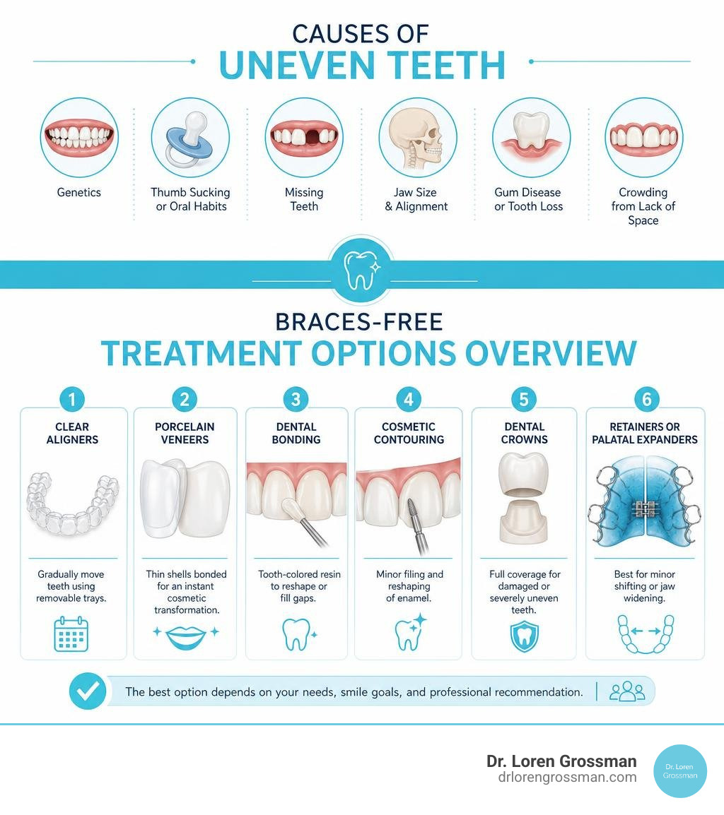 causes of uneven teeth and braces-free treatment options overview infographic