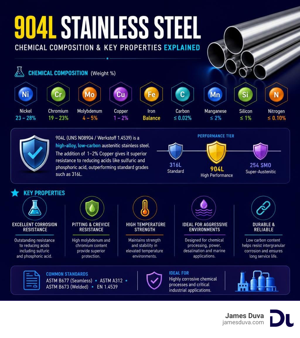 Chemical composition and key properties of 904L stainless steel explained infographic