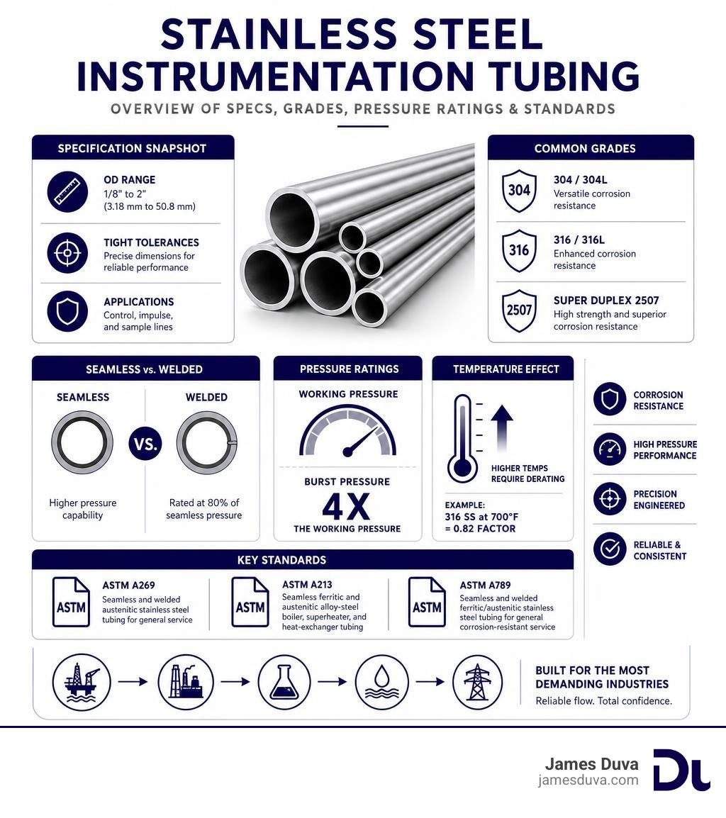 Overview infographic of stainless steel instrumentation tubing specs, grades, pressure ratings, and key standards infographic