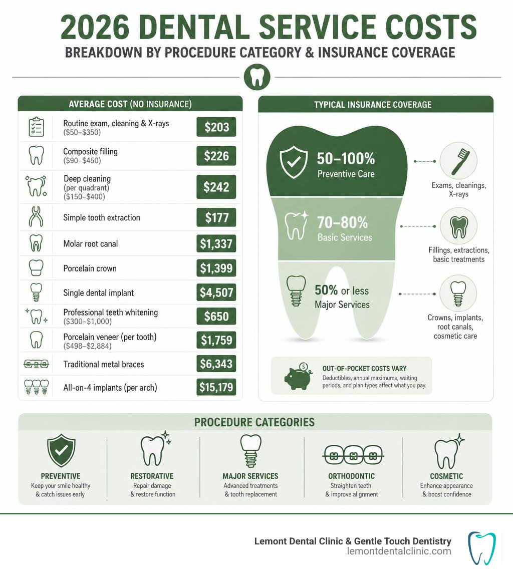 2026 dental service costs breakdown by procedure category and insurance coverage infographic
