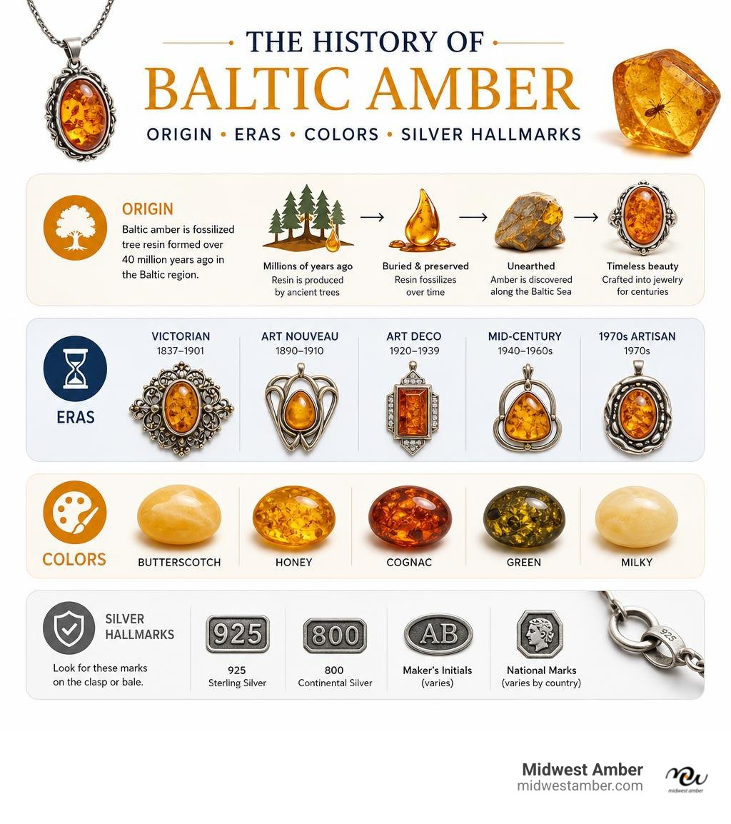 History of Baltic amber: origin, eras, colors, and silver hallmarks infographic infographic