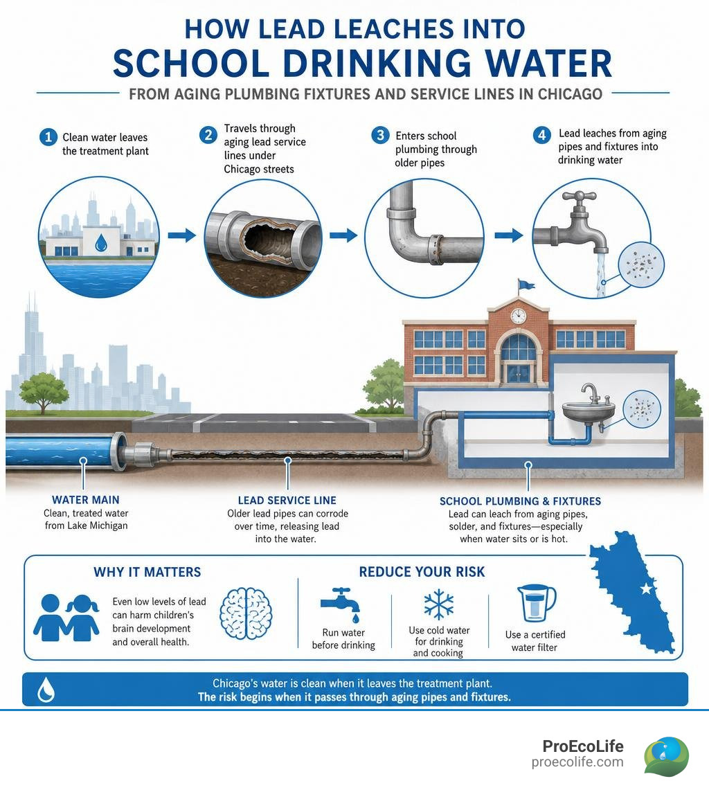 How lead leaches into school drinking water from aging plumbing fixtures and service lines in Chicago infographic How lead leaches into school drinking water from aging plumbing fixtures and service lines in Chicago infographic