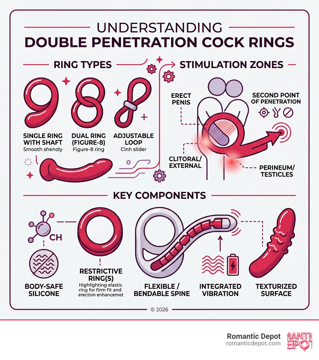 How double penetration cock rings work: ring types, stimulation zones, and key components infographic How double penetration cock rings work: ring types, stimulation zones, and key components infographic