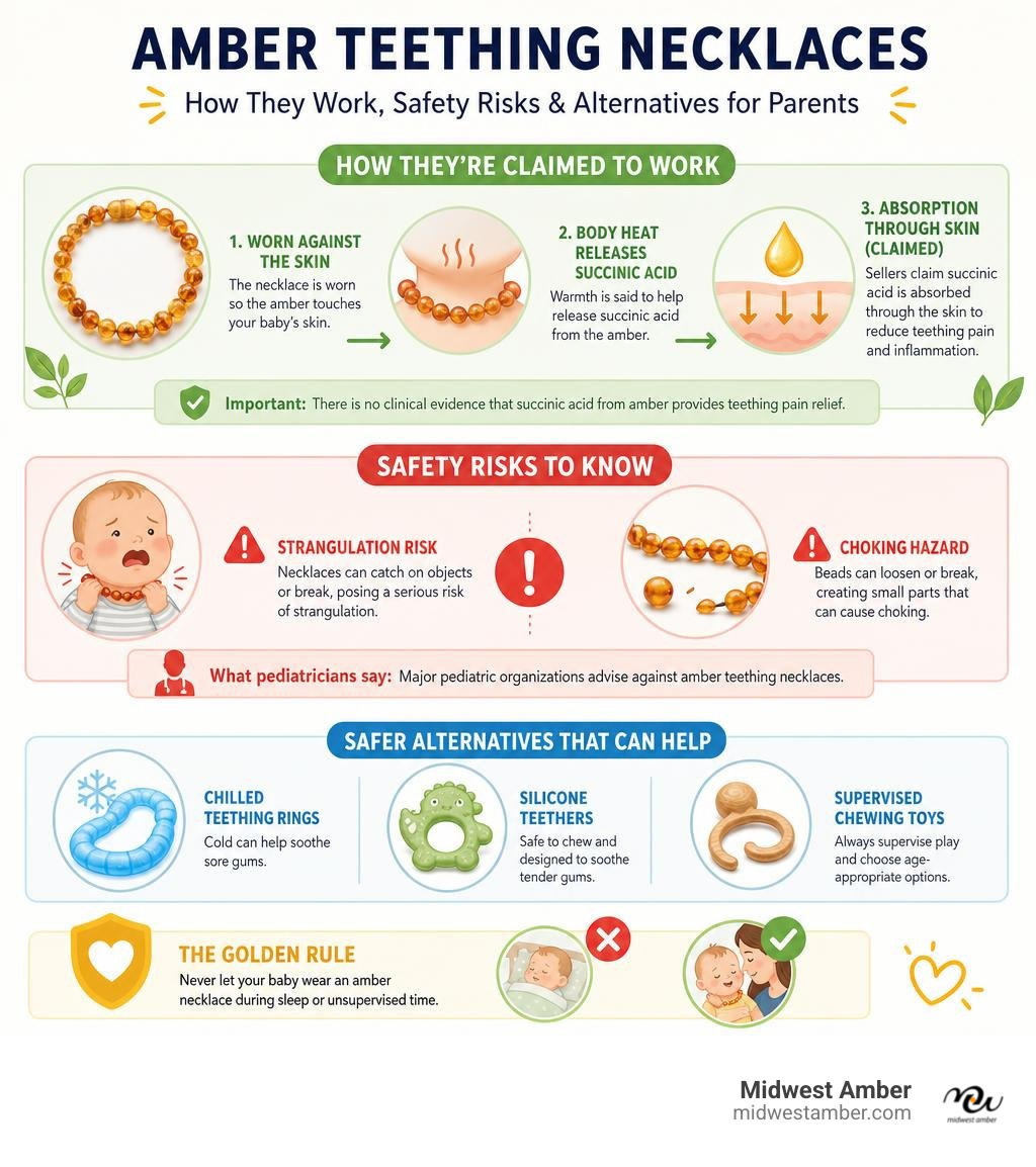 How Baltic amber teething necklaces work, safety risks, and alternatives for parents infographic infographic
